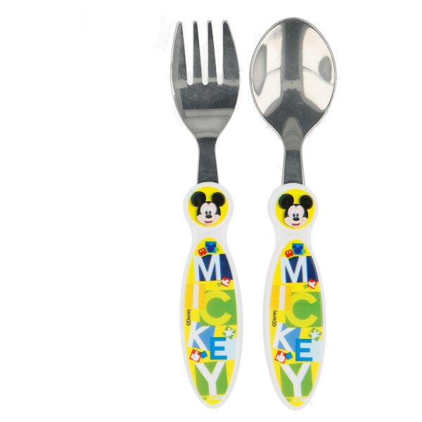 Kinder Besteck Set Mickey Mouse 2-teilig Gabel und Löffel Kunststoffgriff Metall
